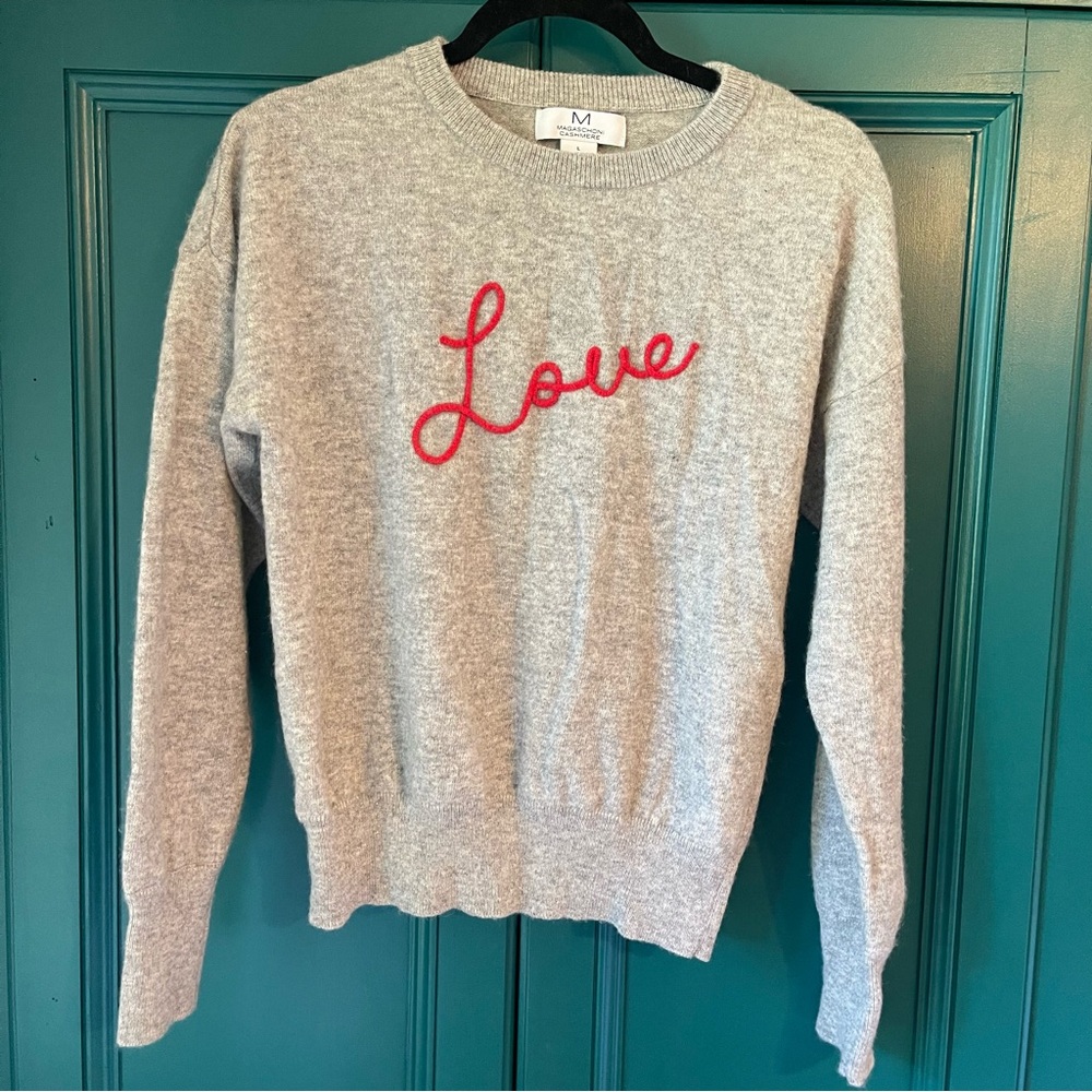 Magaschoni Gray Cashmere Sweater with Red 'Love' Embroidery Sz Large
